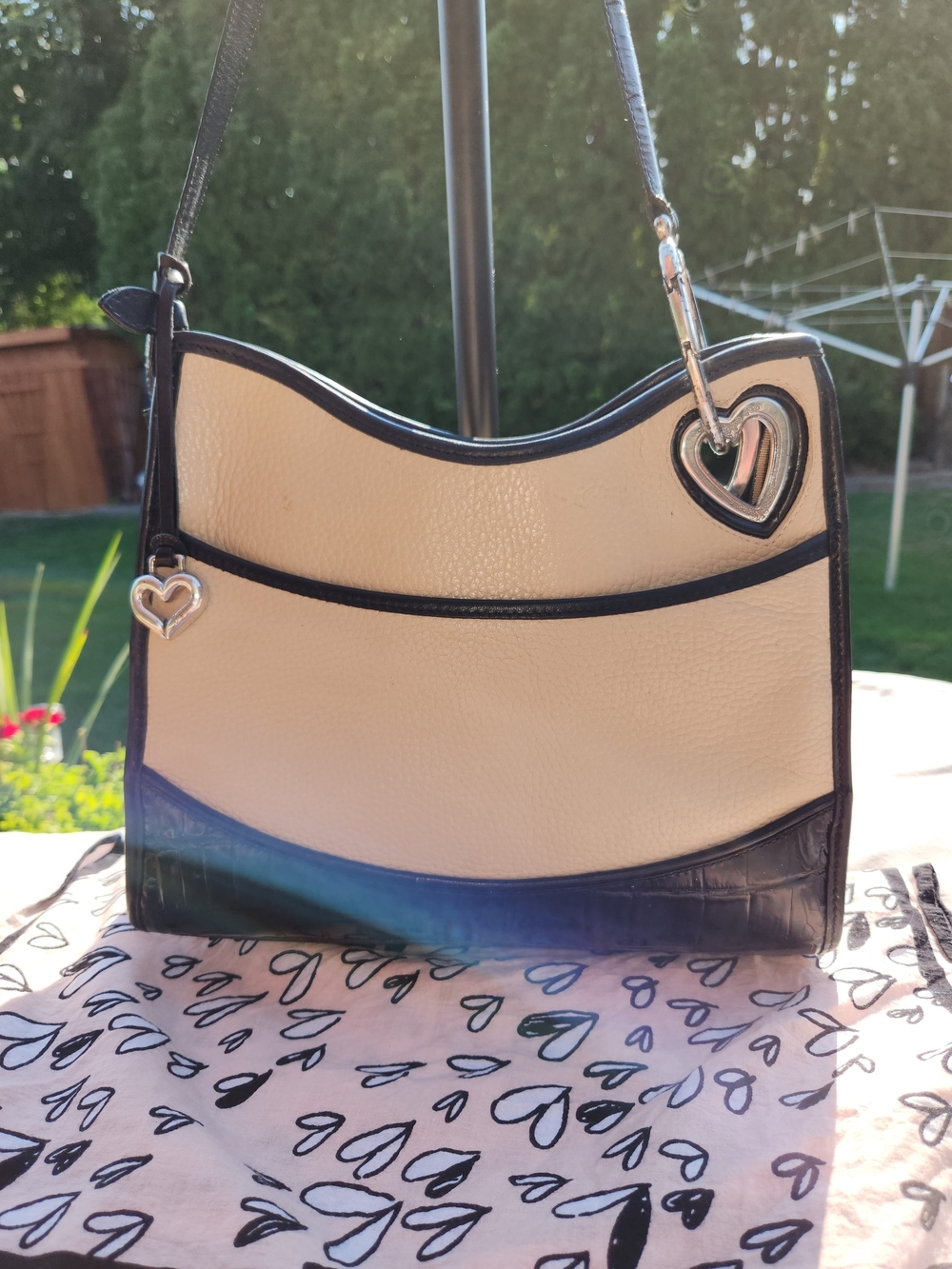 Brighton 3fer Cream and Black Shoulder Bag With Small Scarf And Heart Earrings